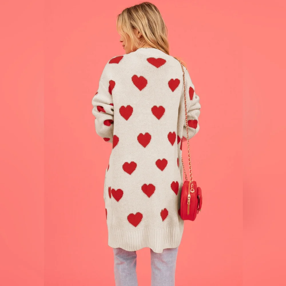 Contrasting Heart Knit Open Front Longline Pocket Sweater Cardigan Valentine - Picture 8 of 9